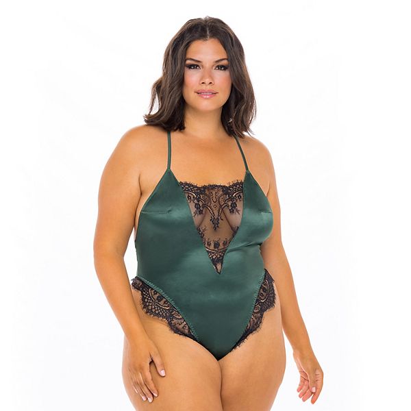 Боди с накидкой из сатина и кружева Plus Size от Oh La La Cheri с глубоким вырезом Oh la la Cheri