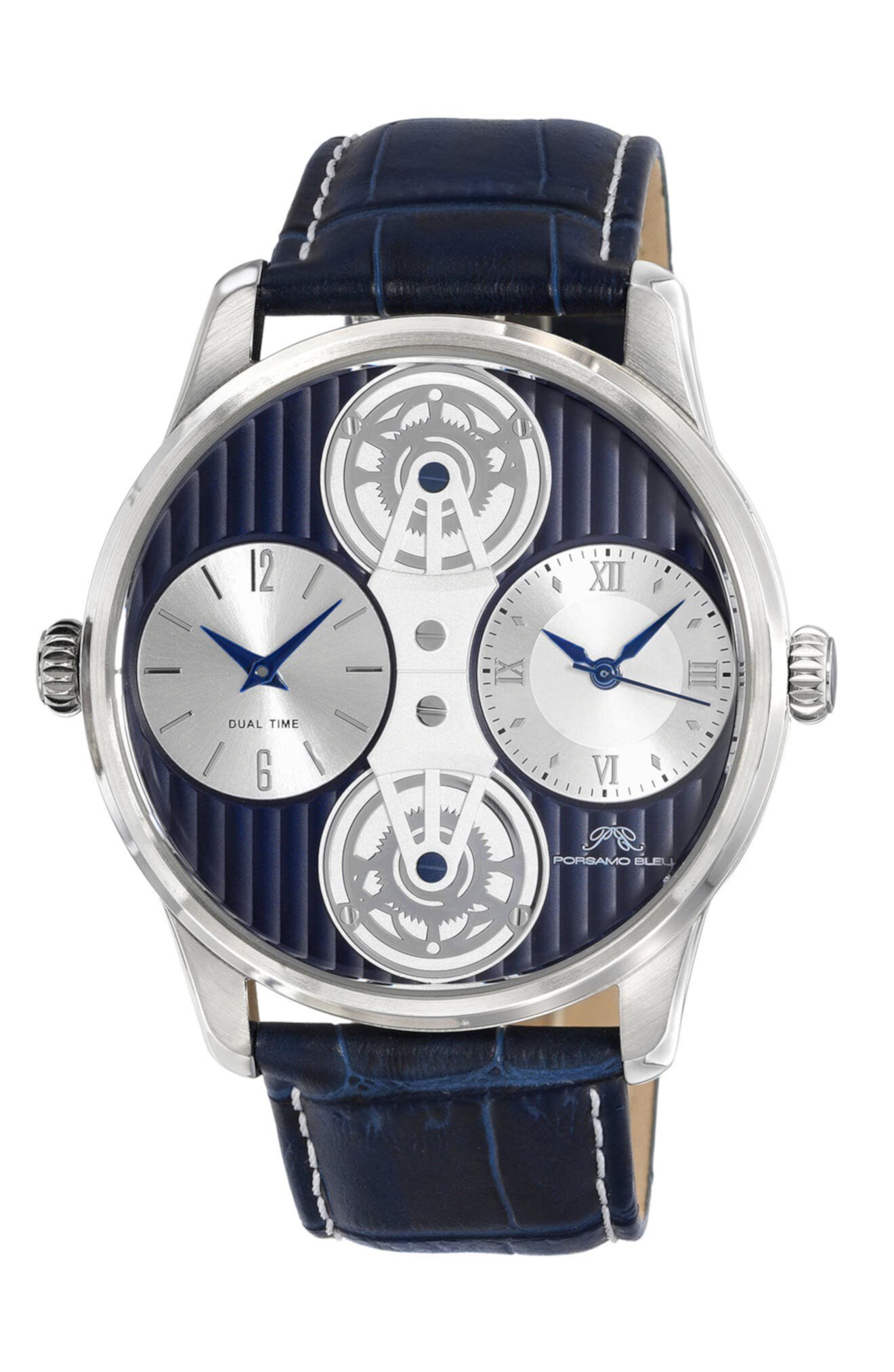 Мужские часы Benedict с двойным механизмом и ремешком с тиснением под крокодила, 46 мм Porsamo Bleu