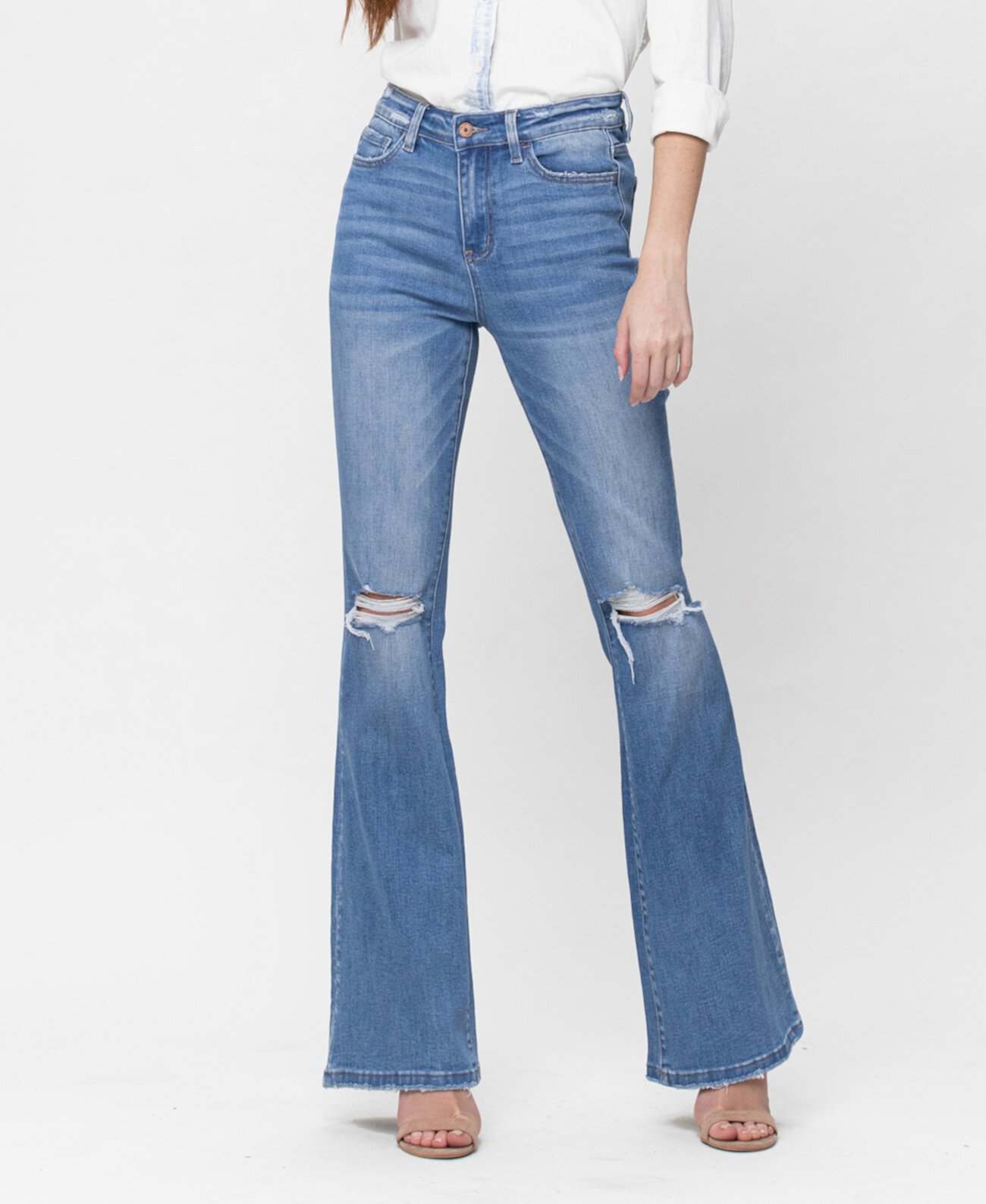 Женские эластичные расклешенные джинсы с высокой посадкой и эффектом потертости VERVET
