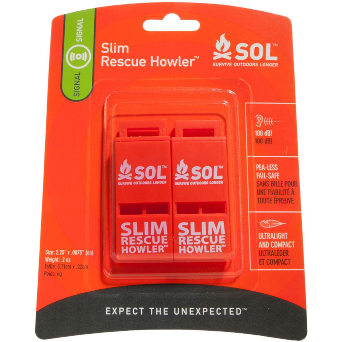 Тонкий спасательный свисток Howler — упаковка из 2 шт. S.O.L Survive Outdoors Longer