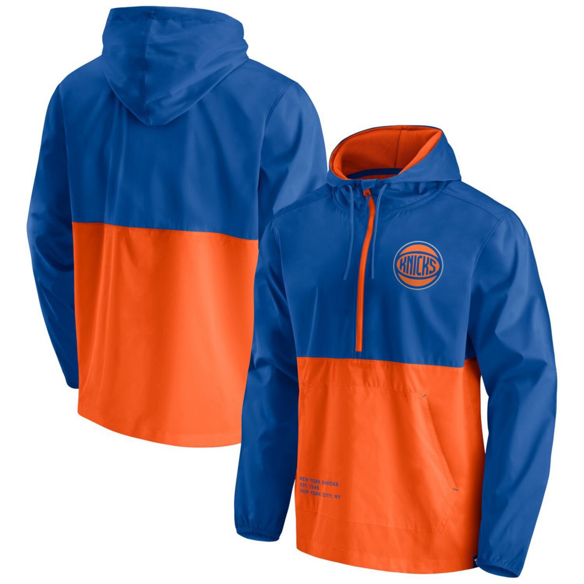 Мужская фирменная сине-оранжевая куртка New York Knicks Anorak Block Party Fanatics с капюшоном и капюшоном на молнии до половины Fanatics