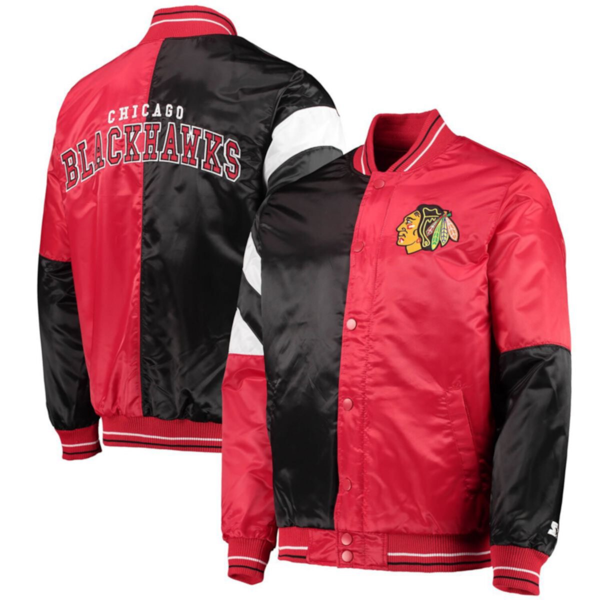 Стартовая мужская красная/черная куртка Chicago Blackhawks The Leader Varsity Satin Full-Snap Starter