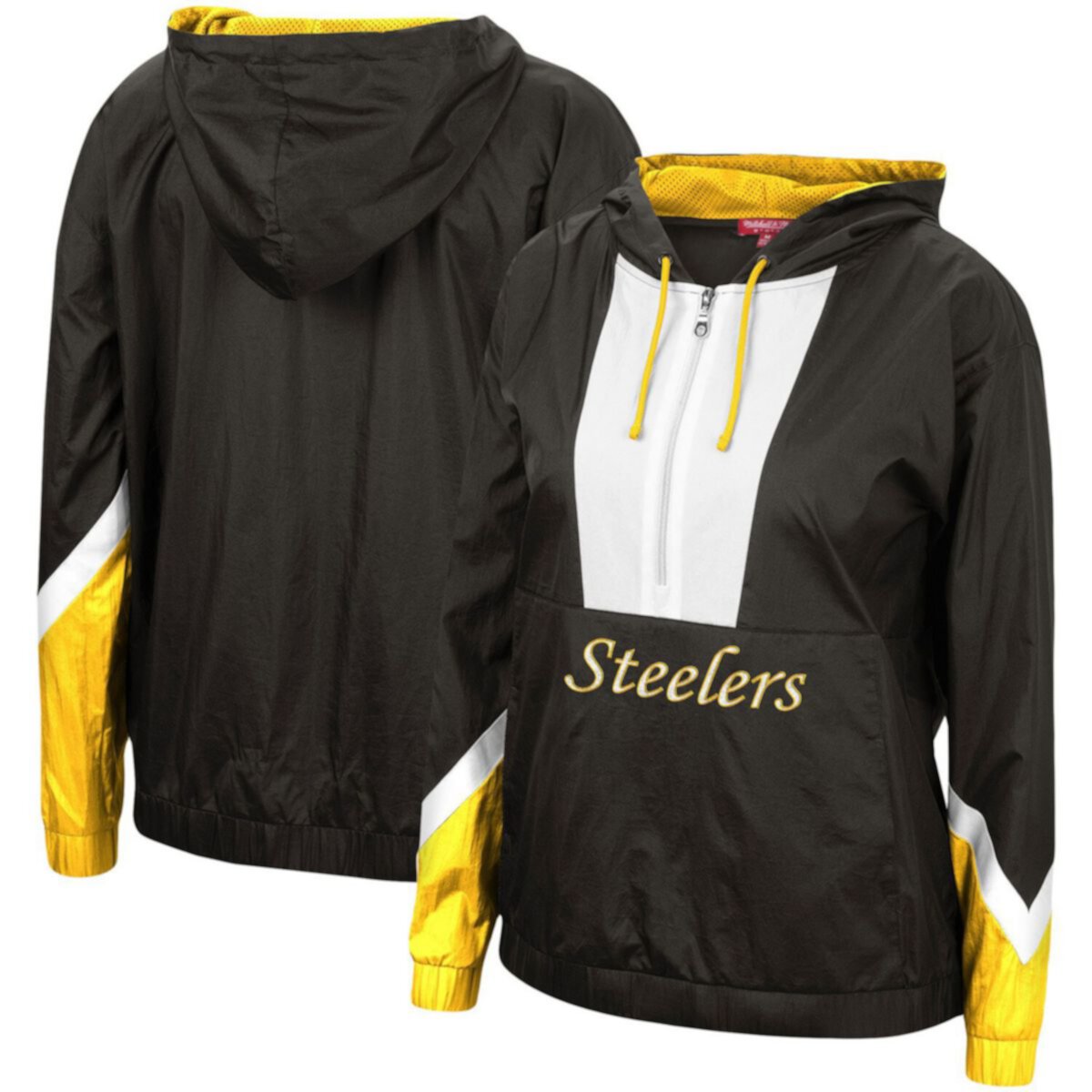 Черная женская ветровка с капюшоном Mitchell & Ness Pittsburgh Steelers с молнией до половины Mitchell & Ness