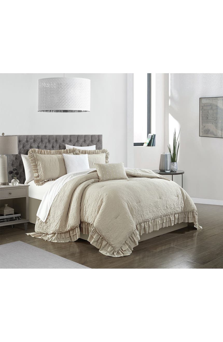 Kinslee Washed Crinkle Design с оборчатым фланцем King Comforter Set - Бежевый - Набор из 5 предметов CHIC