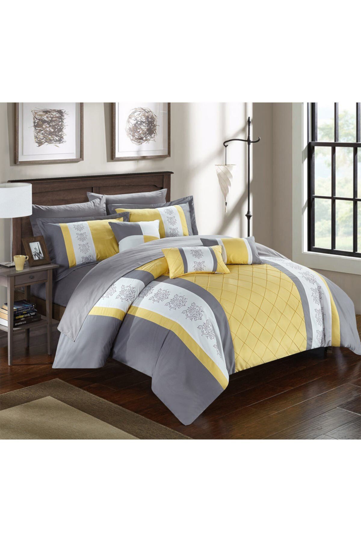 King Adam Pintuck Pieced Color Block Embroidery Comforter Set 10-Piece Set - Желтый CHIC