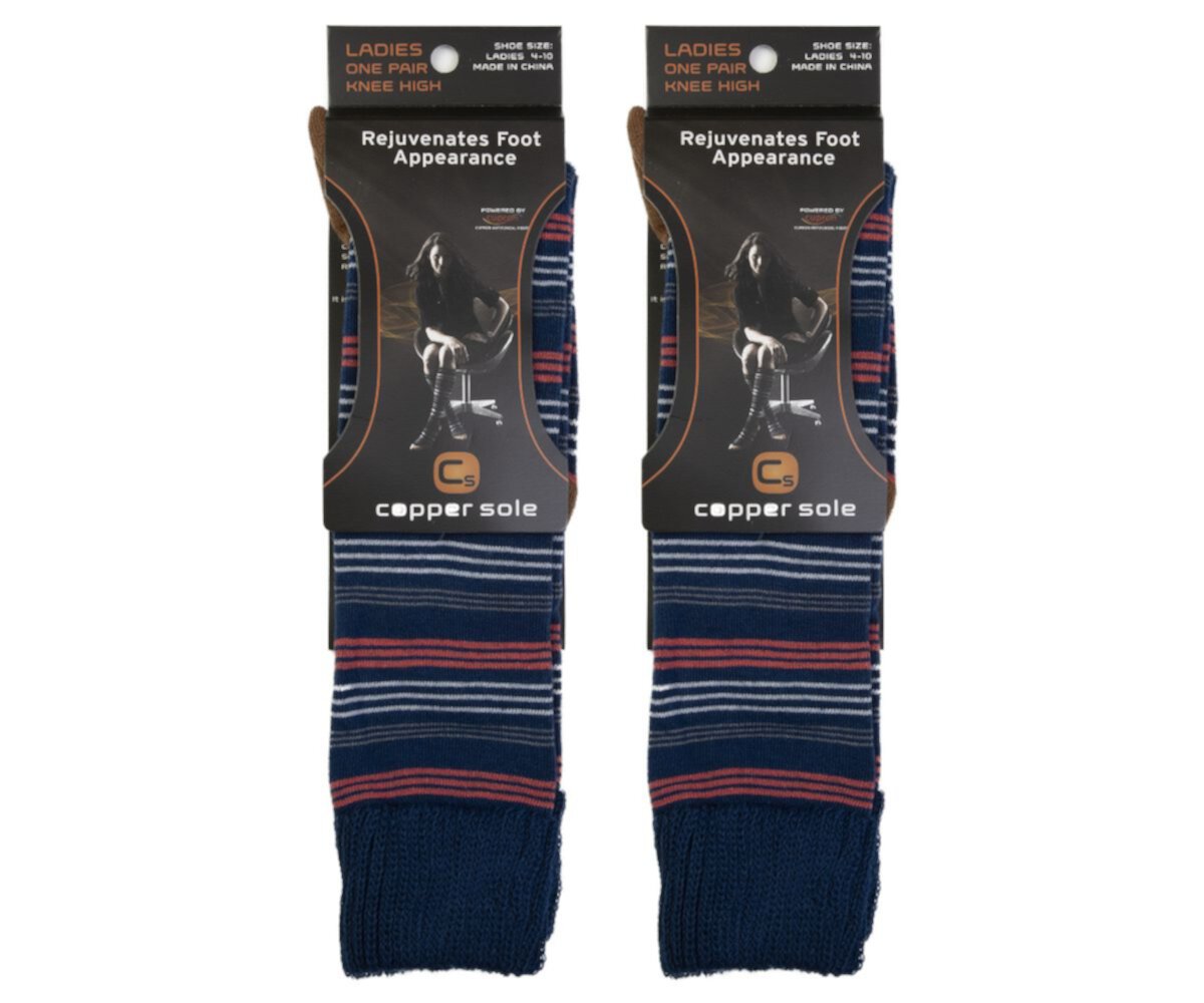 Женские носки до колена в полоску с медной подошвой, комплект из 2 шт., 4-10, синий Copper Sole