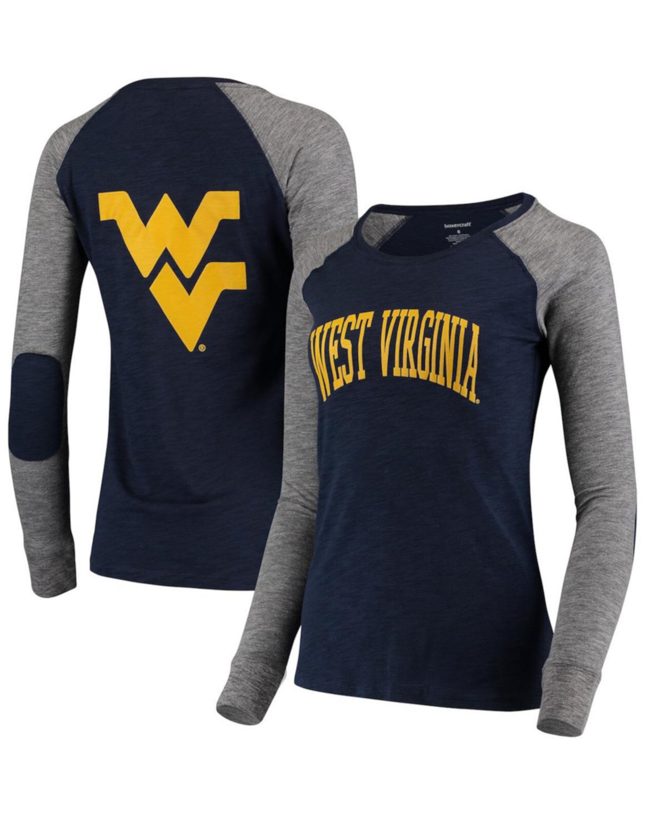 Женская темно-синяя, серая футболка с длинным рукавом и логотипом West Virginia Mountaineers Preppy Elbow Patch с двумя арками и логотипом Boxercraft
