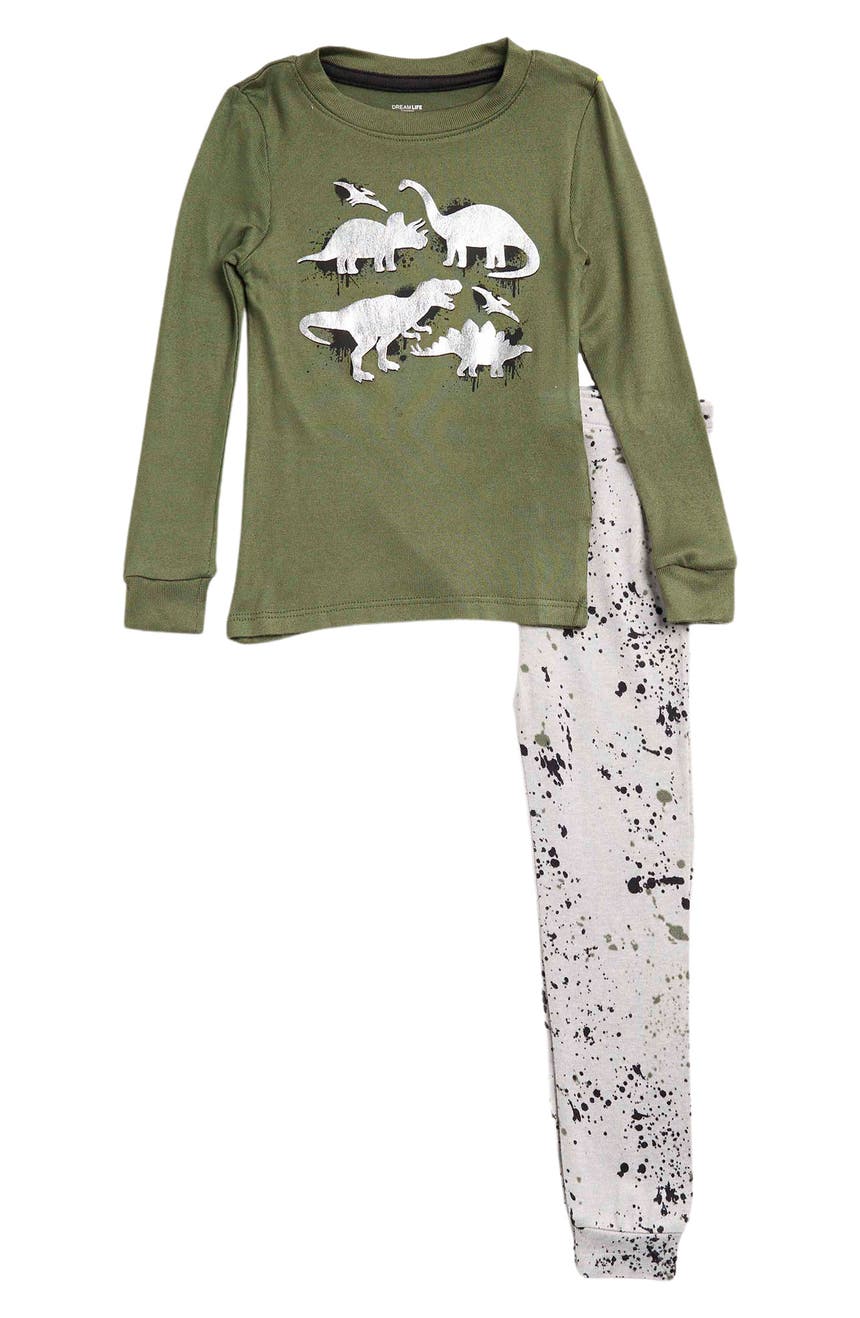 Dino Print Long Sleeve Top & Splatter Joggers Hacci Pajama Set Us Angels