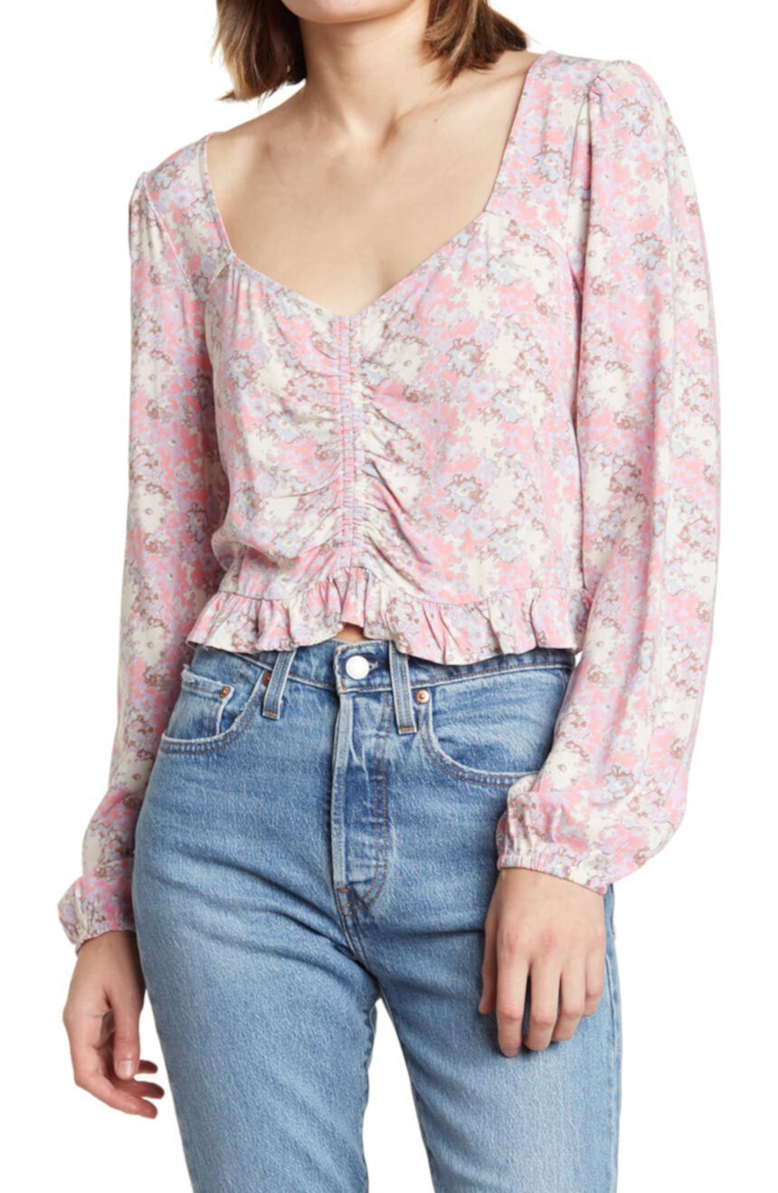 Floral Long Sleeve Ruched Blouse Abound