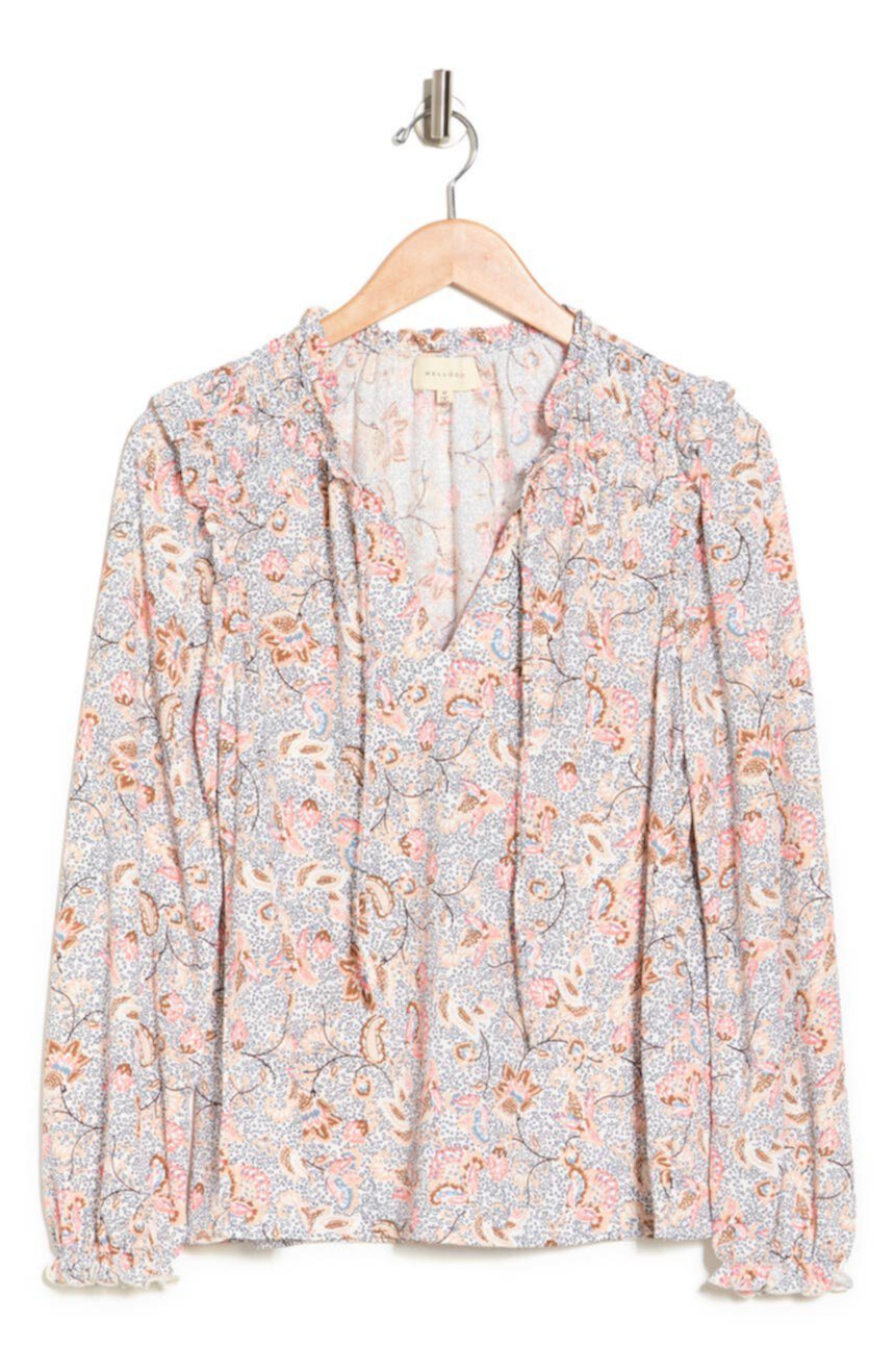 Printed V-Neck Tie Front Long Sleeve Top MELLODAY