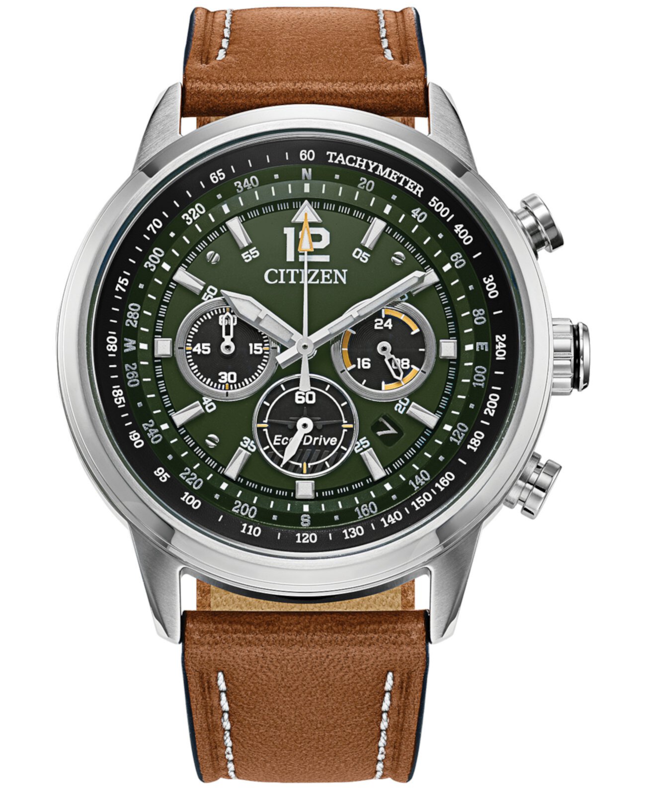 Мужские часы Eco-Drive с хронографом Avion с коричневым кожаным ремешком 44 мм Citizen