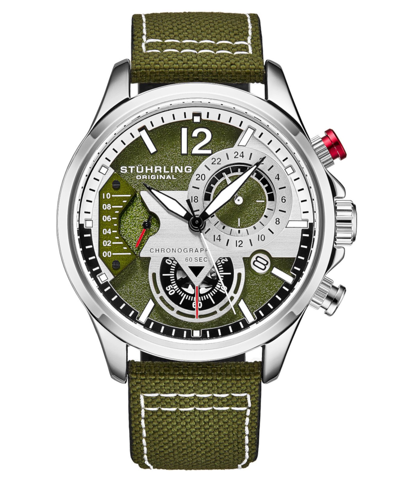 Мужские часы с хронографом зеленого цвета из натуральной ткани с кожаным ремешком 45 мм Stuhrling