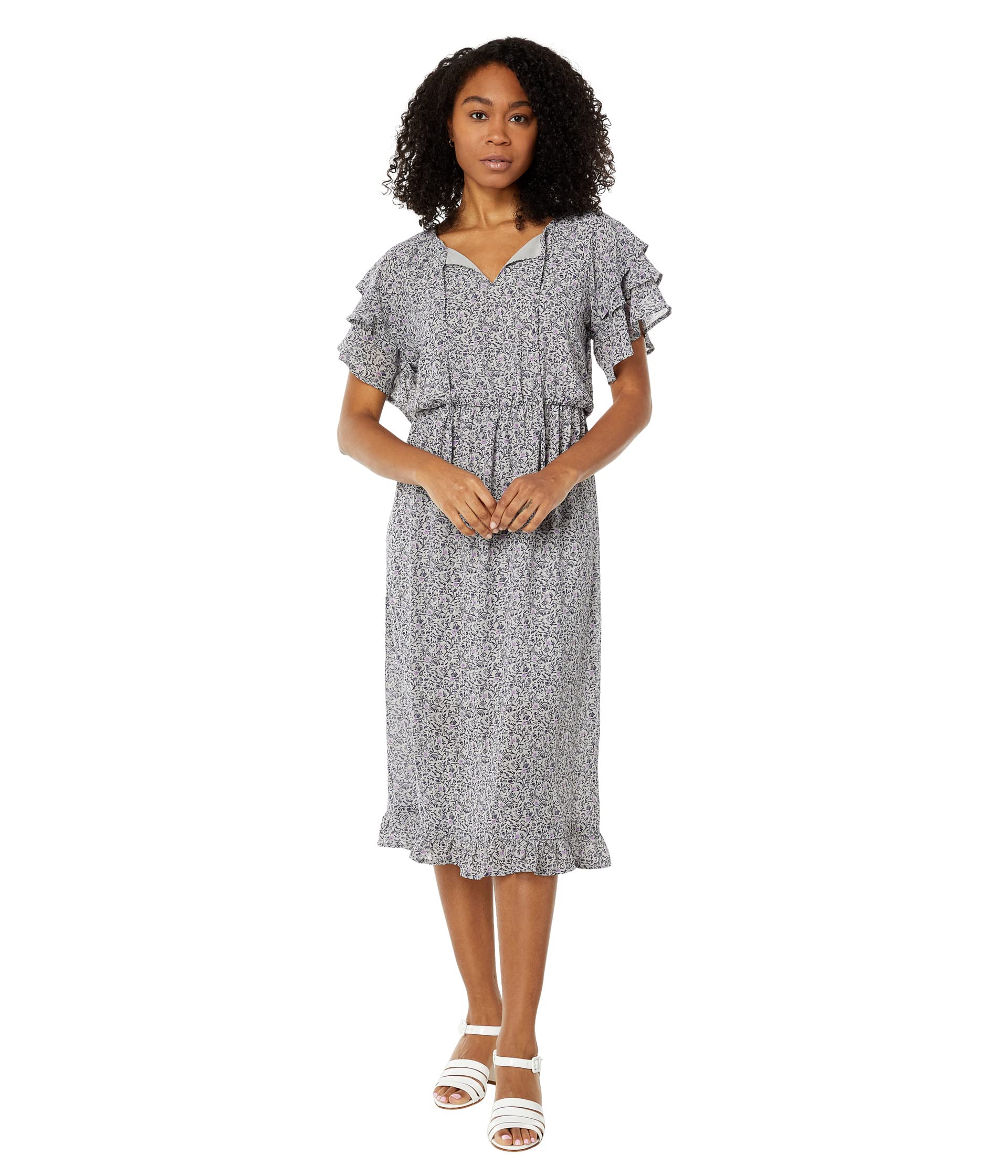 Макси-шифоновое платье с оборками на рукавах Bobeau