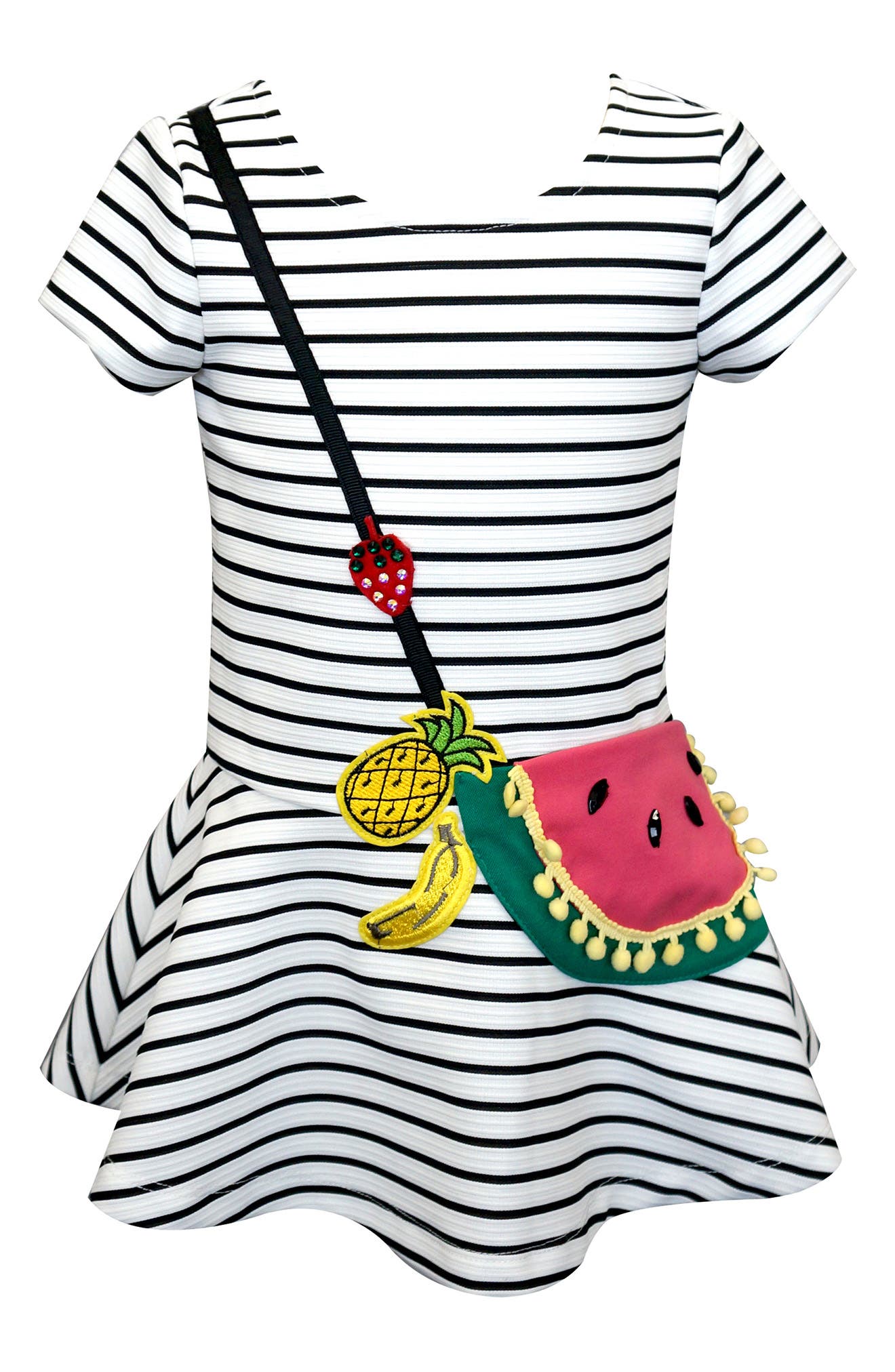 Short Sleeve Stripe Print Skater Dress with Watermelon Slice Purse Hannah Banana