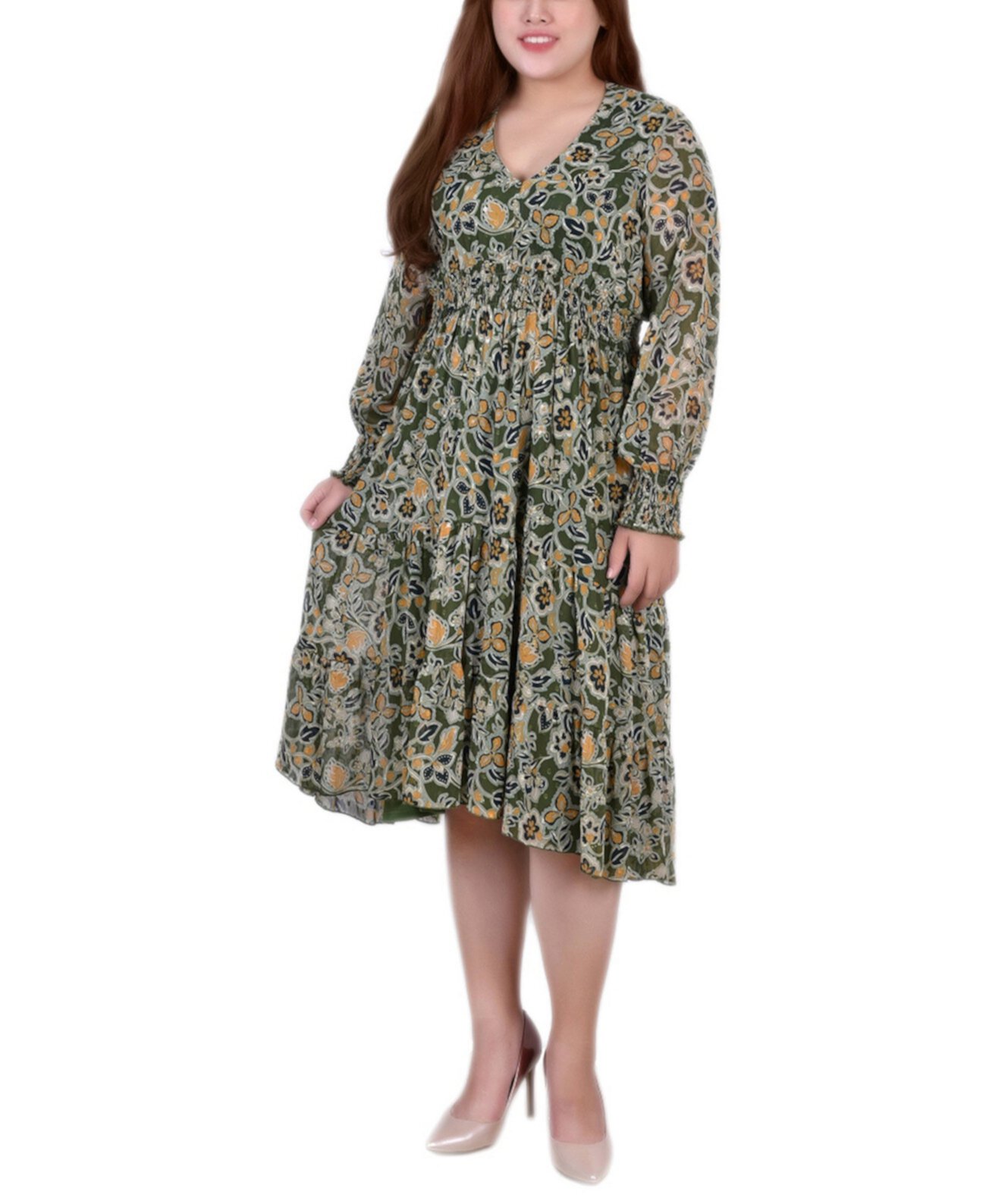 Плюс размер Шифоновое платье в горошек с длинными рукавами и присборенной талией и манжетами NY Collection