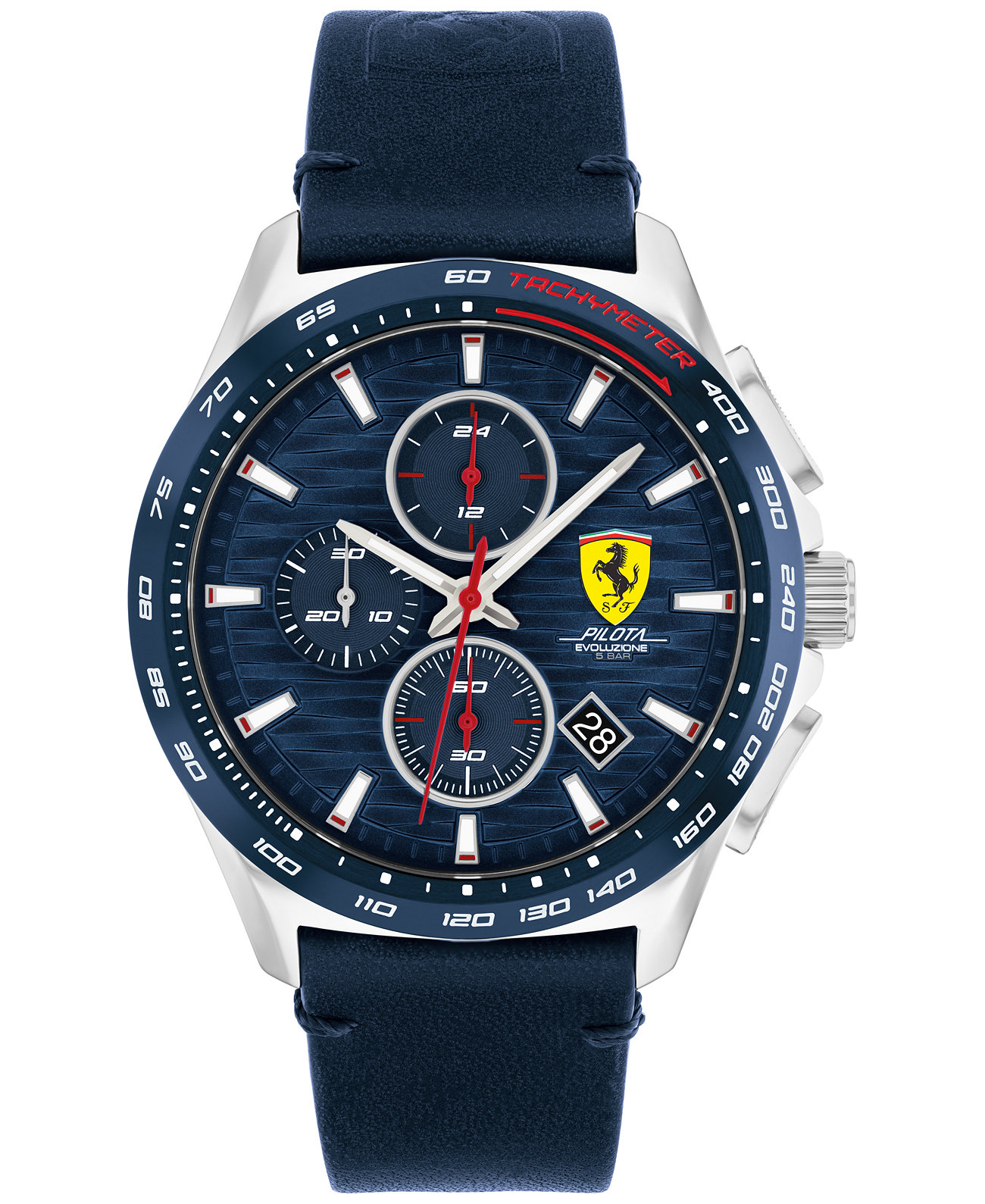 Мужские часы с хронографом Pilota Evo с синим кожаным ремешком и сеткой из нержавеющей стали 44 мм Ferrari