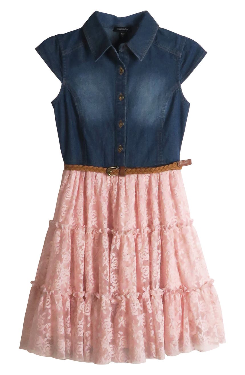 Платье из джинсовой ткани и кружева с цветочным принтом Zunie