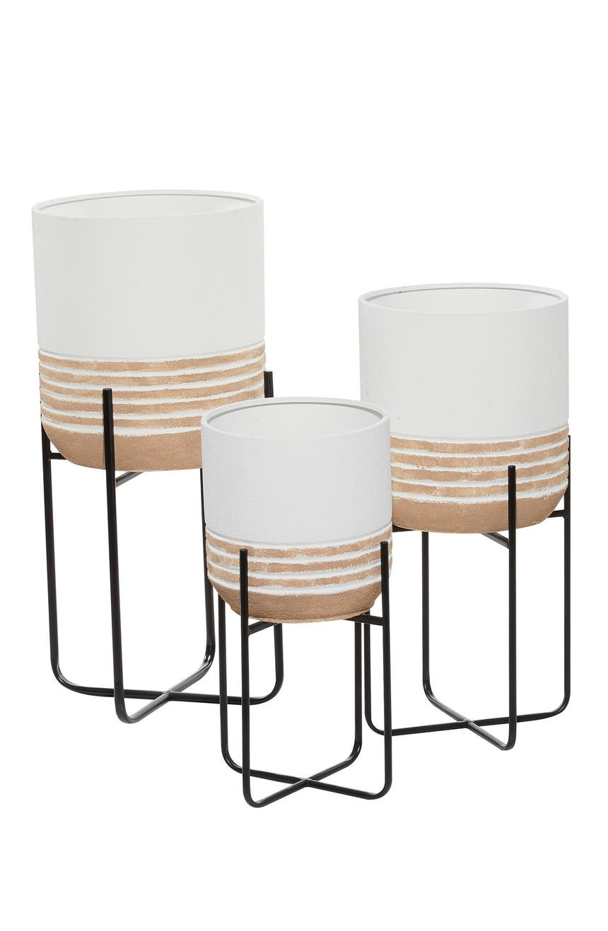 White and Beige Round Metal Planters - Set of 3 GINGER AND BIRCH STUDIO