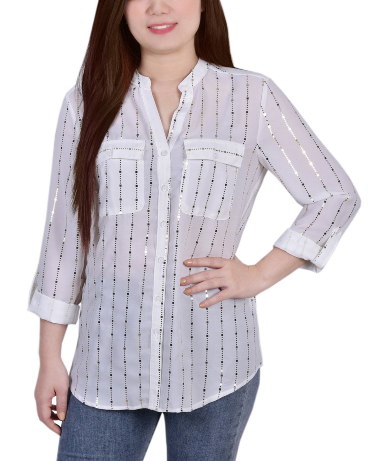 Миниатюрная блуза с отворотами на рукавах 3/4 и верхом с металлическими деталями NY Collection