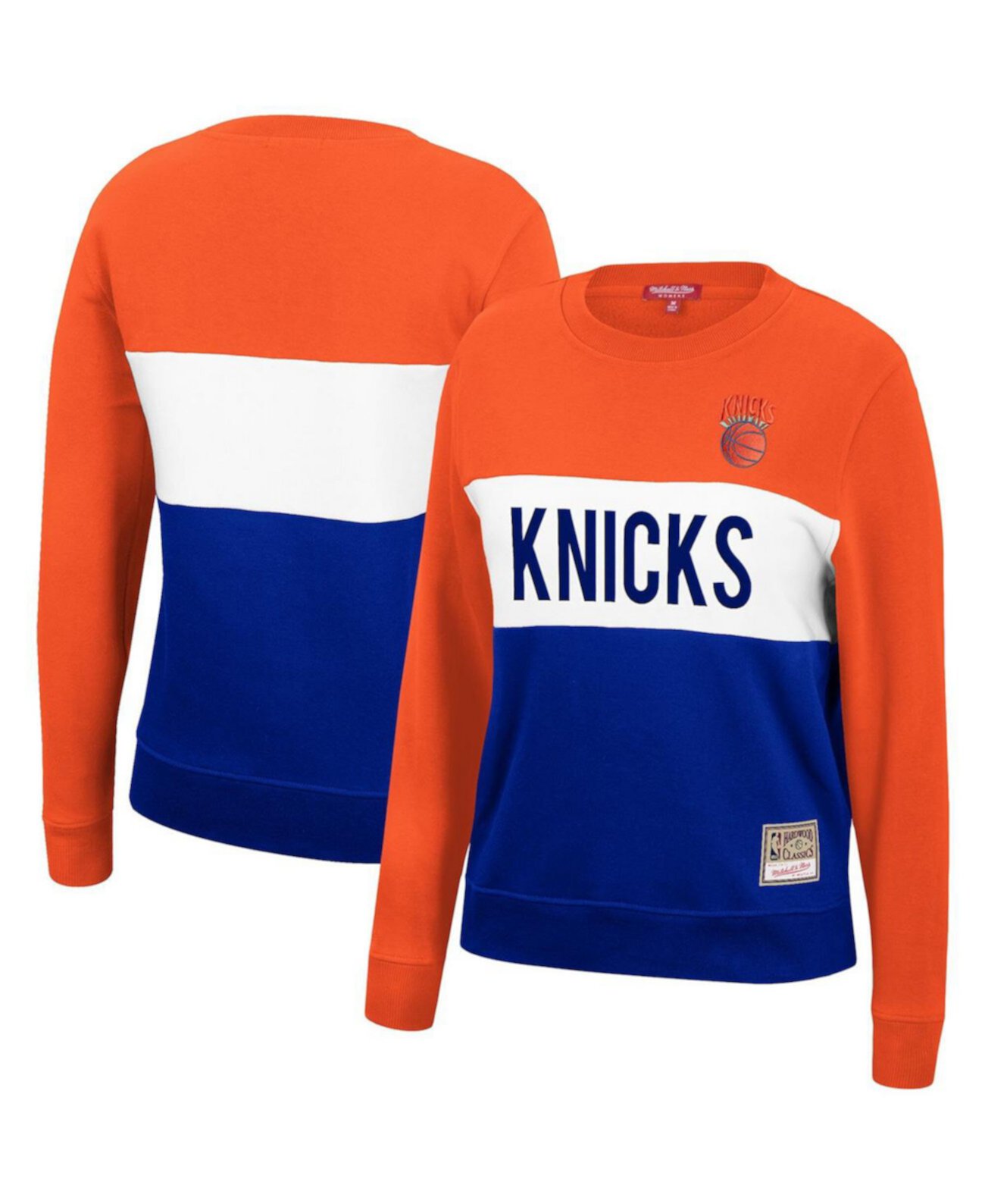 Женская сине-оранжевая толстовка New York Knicks Hardwood Classics Colorblock 2.0 Pullover Sweatshirt Mitchell & Ness