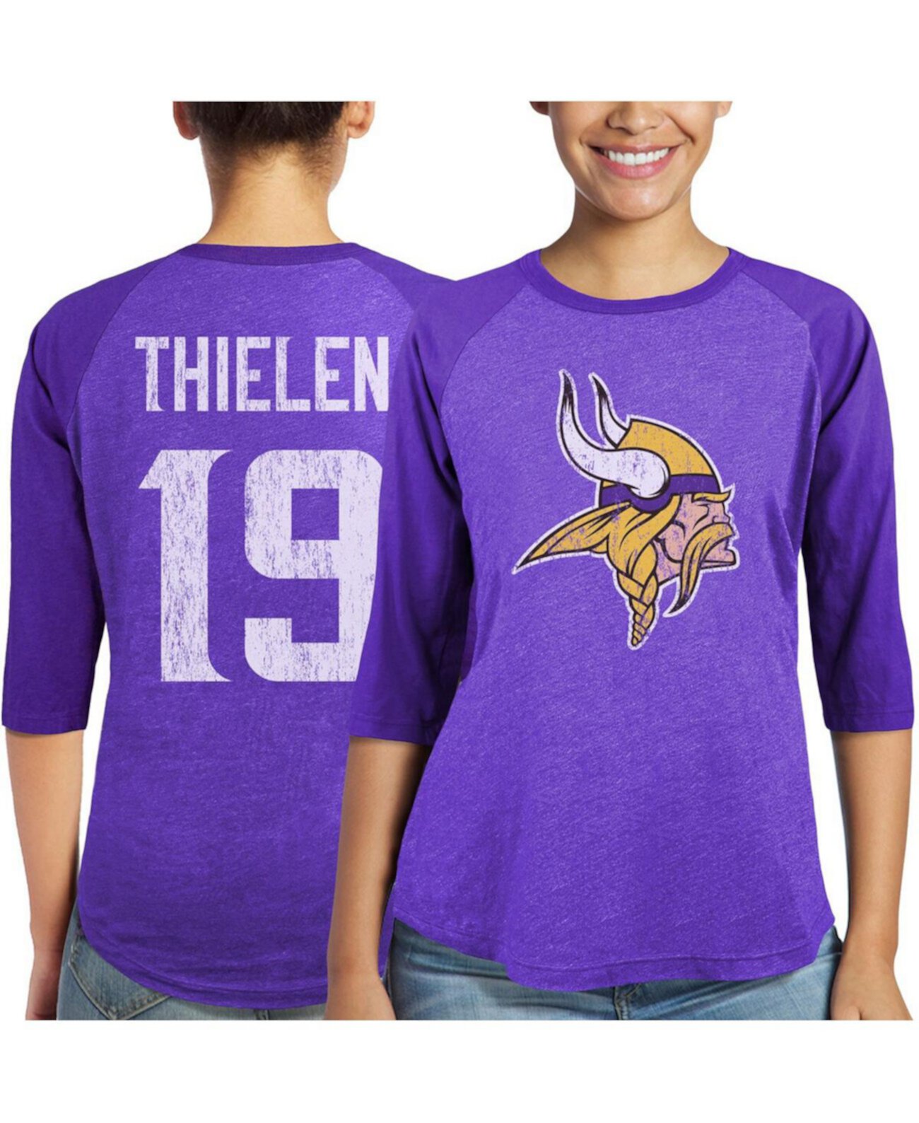 Женская фиолетовая футболка Adam Thielen Minnesota Vikings с именем и номером игрока Tri-Blend с рукавами 3/4 реглан Majestic