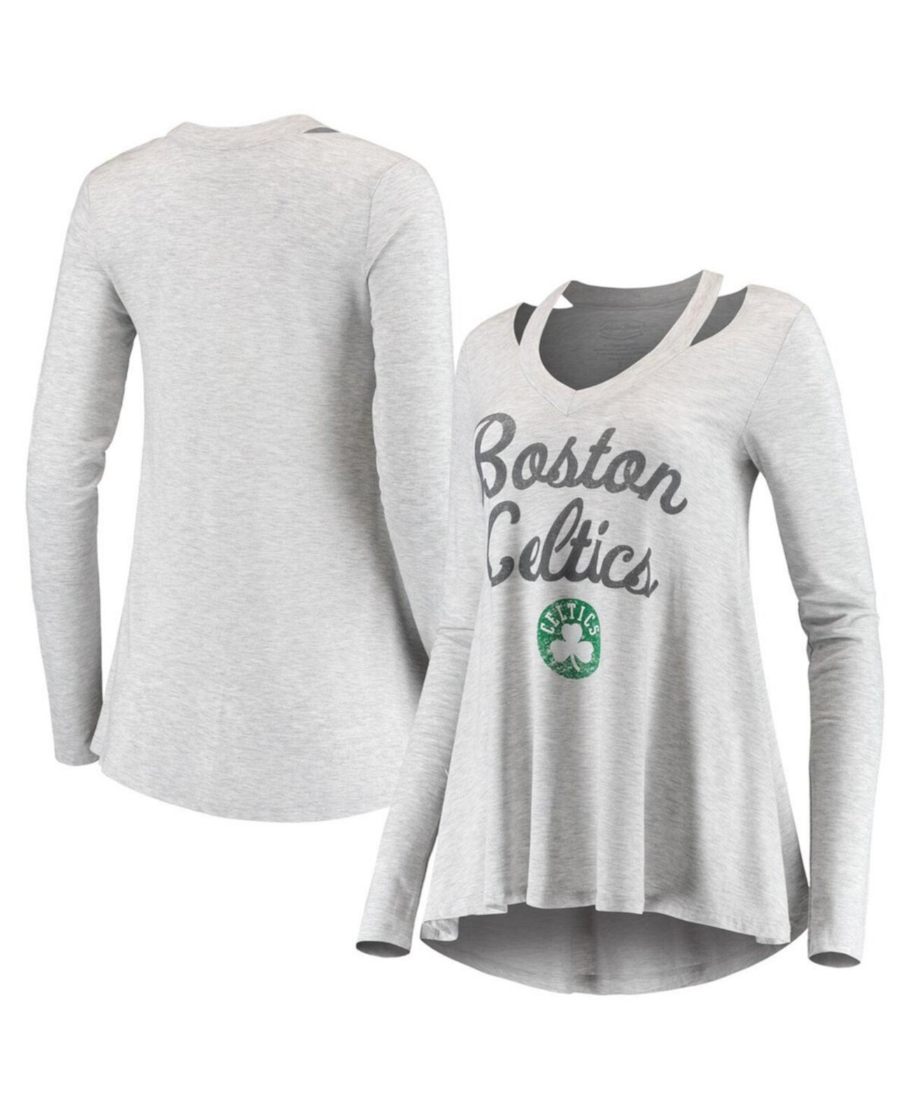 Женская футболка Threads Grey Boston Celtics Double Dribble Separation с длинным рукавом и v-образным вырезом Majestic