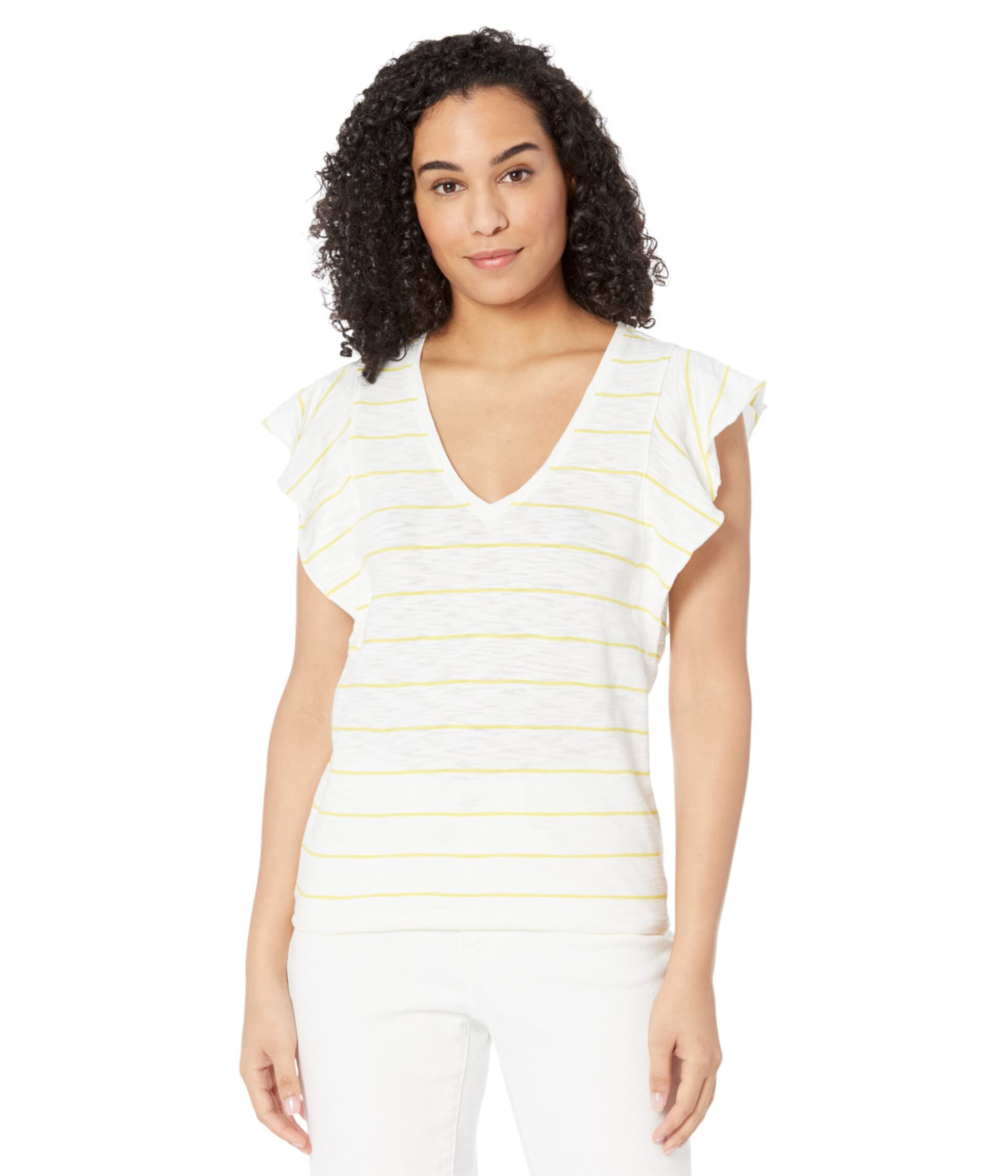 Stripe Flutter Sleeve V-Neck Tee Lilla P