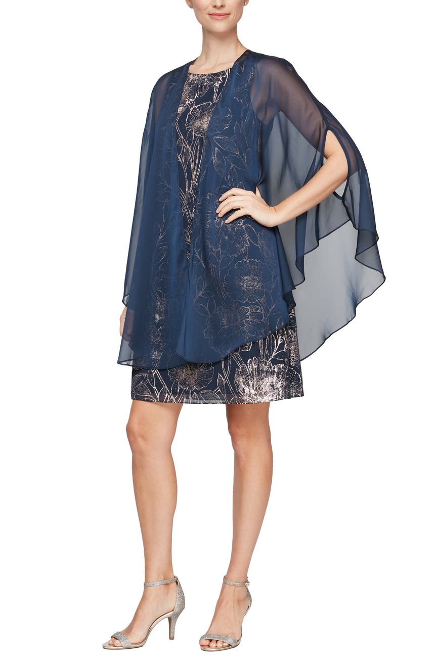Платье-футляр из фольги с цветочным принтом и прозрачная накидка SL Fashions