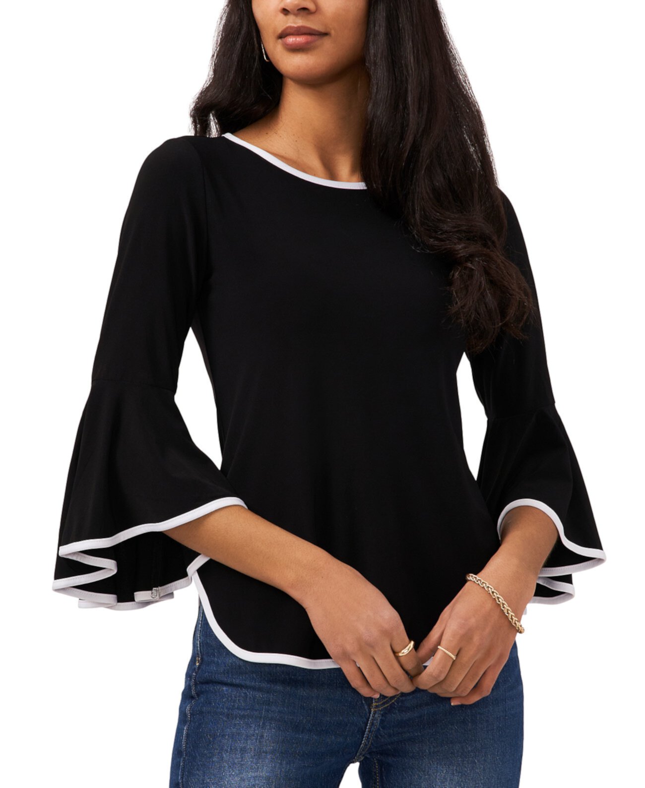 Petite Contrast-Trim Bell-Sleeve Top Sam & Jess