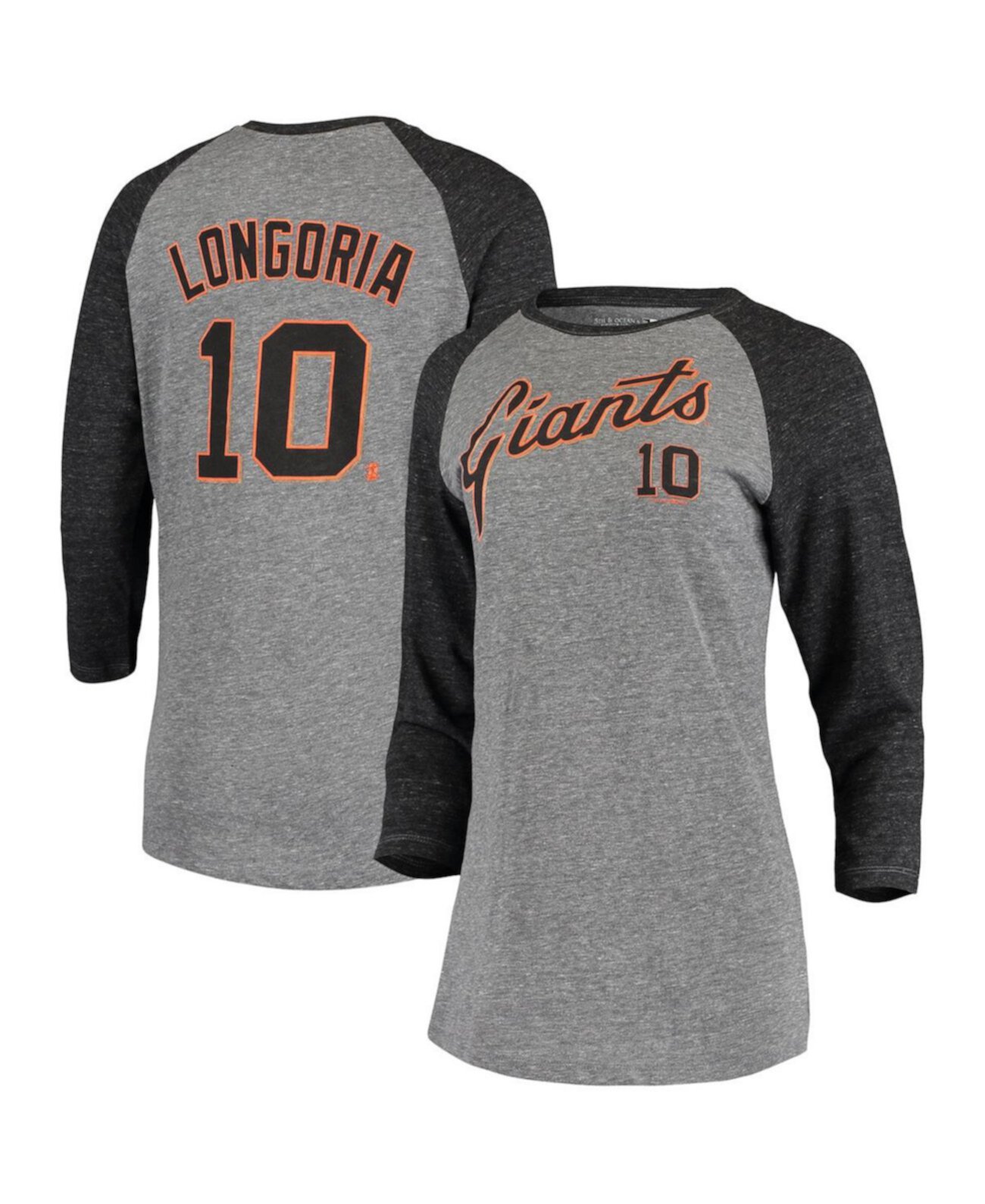 Женская футболка New Era Evan Longoria Grey San Francisco Giants с надписью и номером реглан Tri-Blend с рукавами 3/4 5th & Ocean