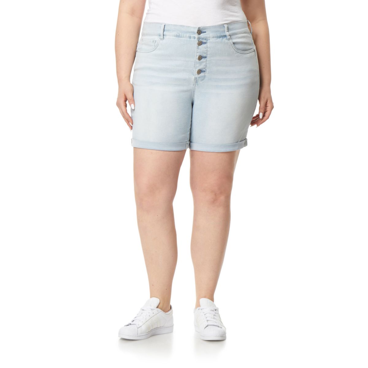 Неотразимые джинсовые шорты миди с открытой пуговицами и высокой посадкой для подростков больших размеров WallFlower WallFlower