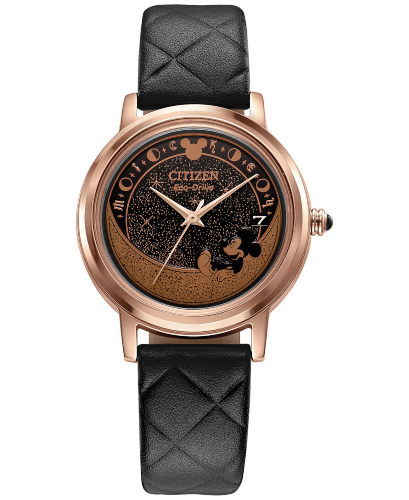 Часы Celestial Mickey с черным кожаным ремешком 35 мм Citizen