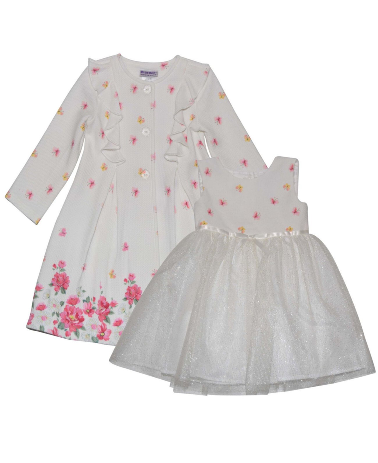 Свободное пальто с оборками и цветочным принтом для маленьких девочек и платье с юбкой из тюля, комплект из 2 предметов Blueberi Boulevard