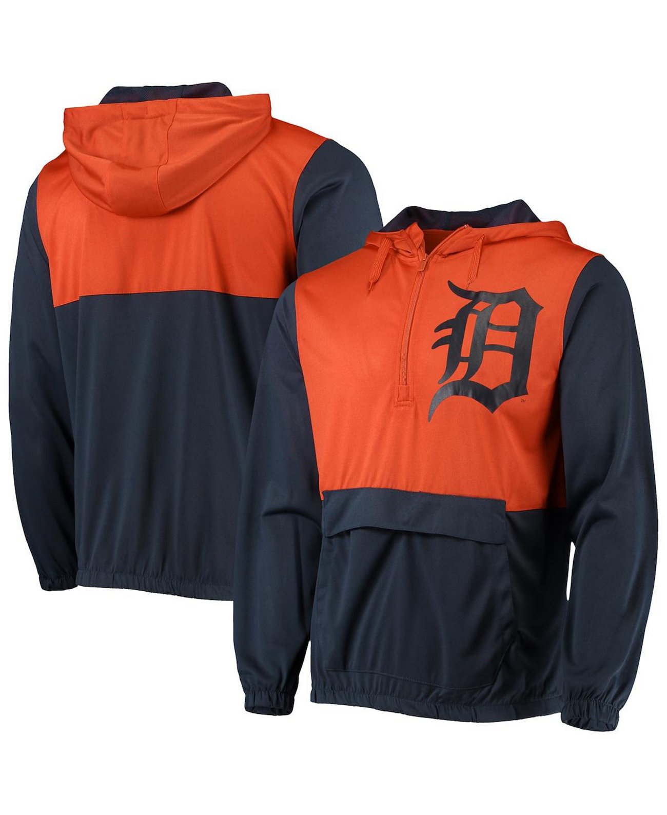 Мужская темно-синяя, оранжевая худи с капюшоном Detroit Tigers Anorak Half-Zip Stitches