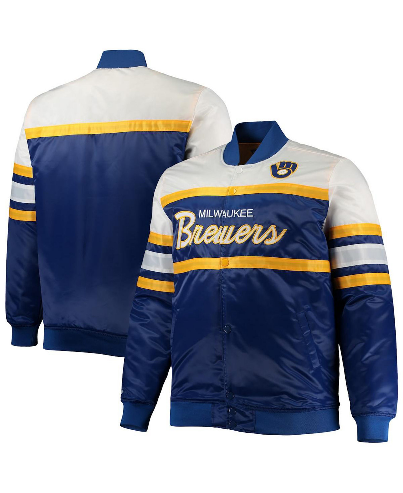 Мужская Куртка Mitchell & Ness Milwaukee Brewers Большая и Высокая Тренеров Сатиновая с Полной Застежкой-Кнопкой Mitchell & Ness