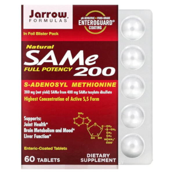 Natural SAM-e (S-аденозил-L-метионин) 200, 200 мг, 60 таблеток, покрытых кишечнорастворимой оболочкой Jarrow Formulas