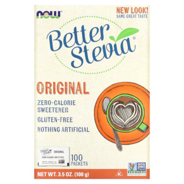 Better Stevia, Бескалорийный подсластитель, оригинальный, 100 пакетиков, 3,5 унции (100 г) NOW Foods