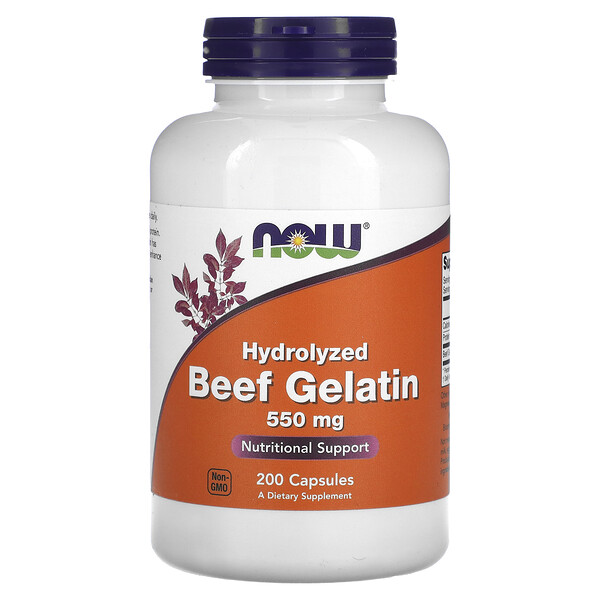 Гидролизованный говяжий желатин, 550 мг, 200 капсул NOW Foods