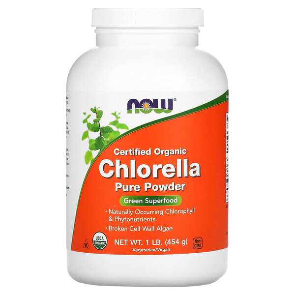 Сертифицированная органическая хлорелла, чистый порошок, 1 фунт (454 г) NOW Foods