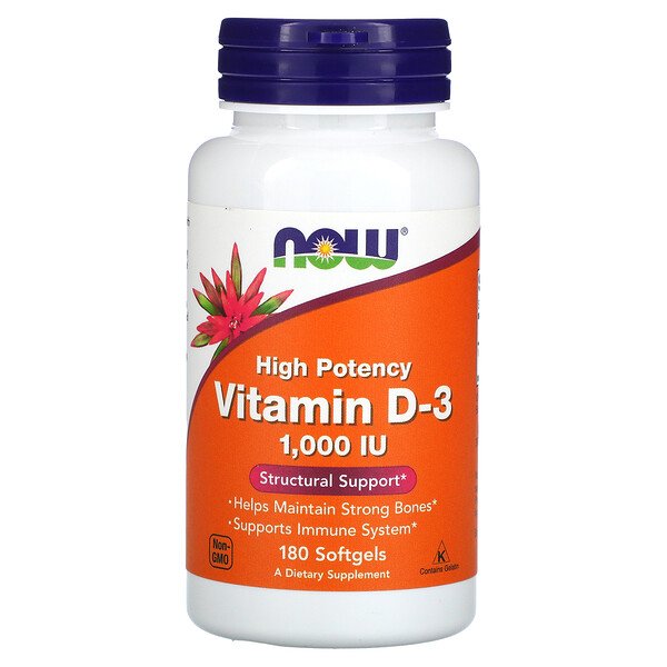 Витамин D-3, высокая активность, 1000 МЕ, 180 мягких таблеток NOW Foods