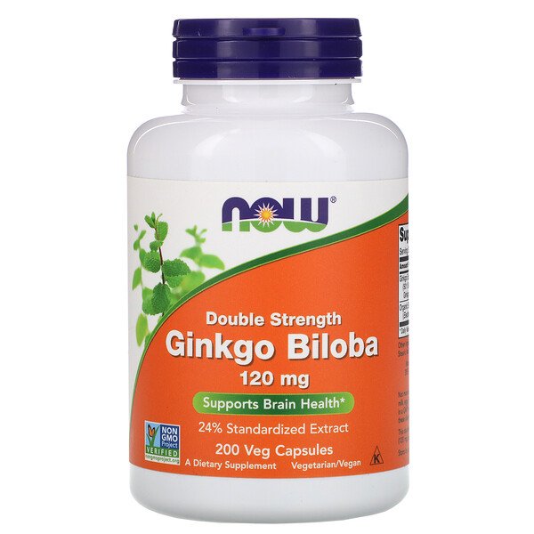 Гинкго билоба, двойная сила, 120 мг, 200 растительных капсул NOW Foods