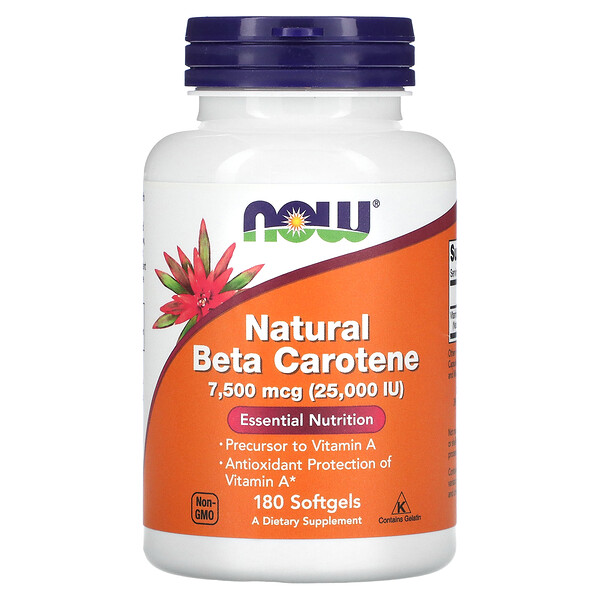 Натуральный бета-каротин, 7 500 мкг (25 000 МЕ), 180 мягких капсул NOW Foods
