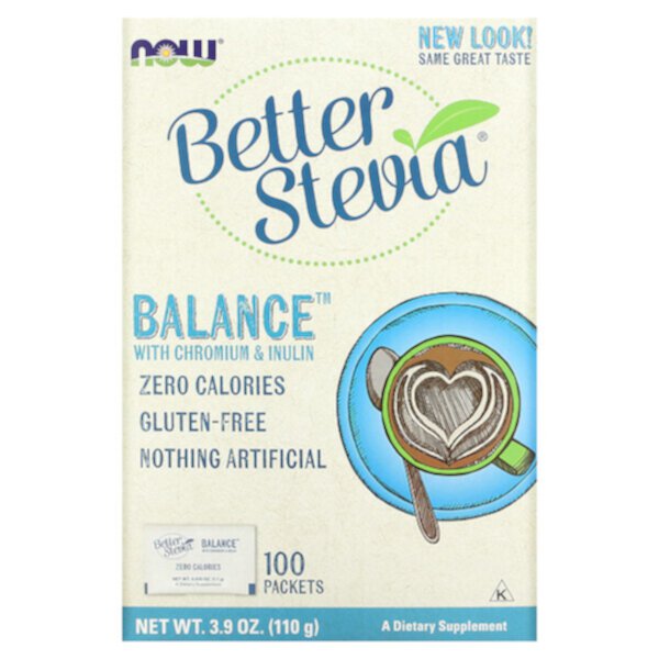 Better Stevia, Balance с хромом и инулином, 100 пакетиков, 3,9 унции (110 г) NOW Foods