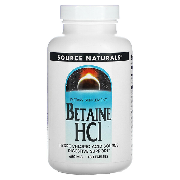 Бетаин гидрохлорид, 650 мг, 180 таблеток Source Naturals