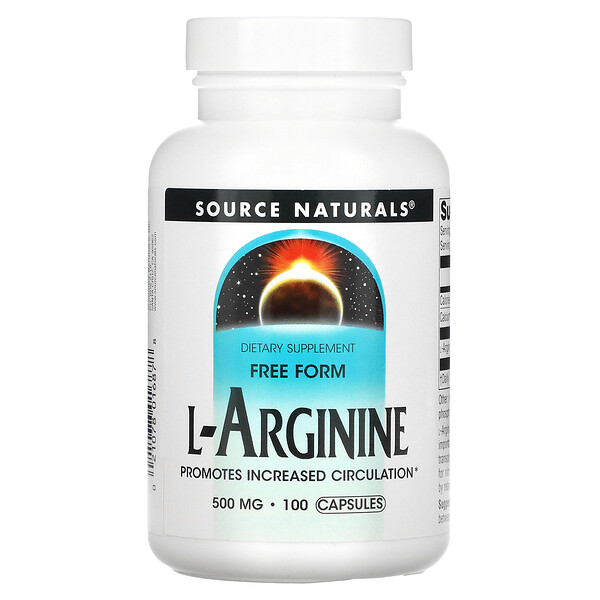 L-аргинин, в свободной форме, 500 мг, 100 капсул Source Naturals