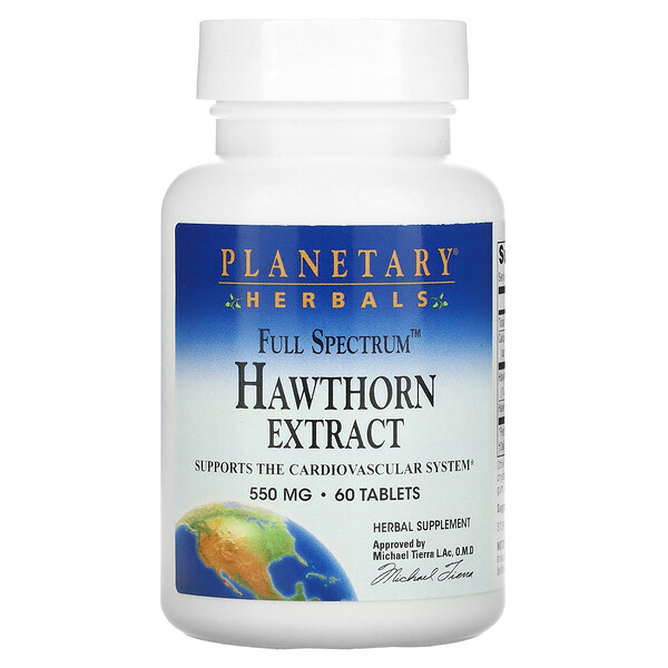 Экстракт боярышника полного спектра, 550 мг, 60 таблеток Planetary Herbals