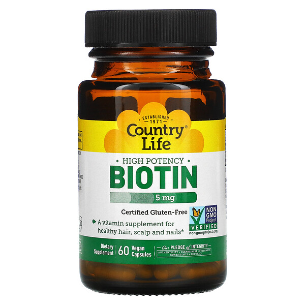 Высокоэффективный биотин, 5 мг, 60 веганских капсул Country Life