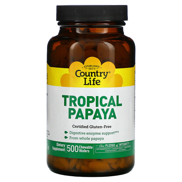 Тропическая папайя, Ферменты для пищеварения - 500 жевательных таблеток - Country Life Country Life