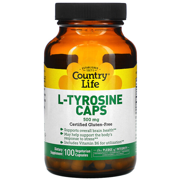 L-тирозин в капсулах, 500 мг, 100 вегетарианских капсул Country Life