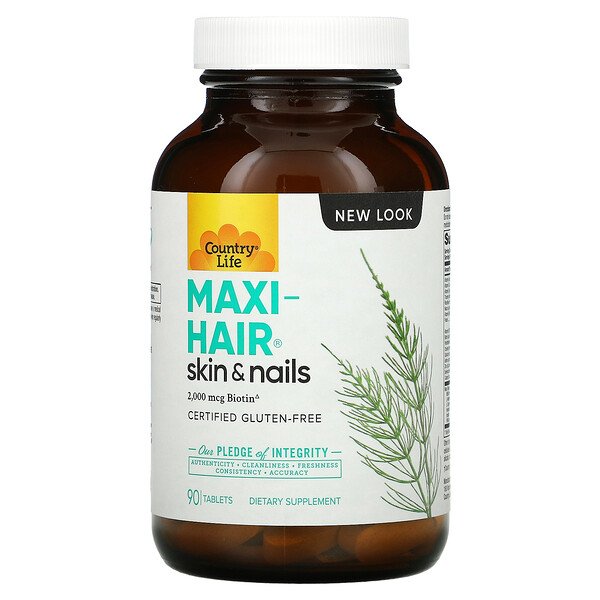 Maxi-Hair, Skin & Nails (стеклянный флакон), 90 таблеток Country Life